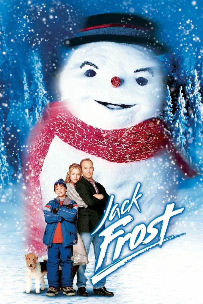 The movie poster for Jack Frost features a huge snowman in a top hat and red scarf with an eerie, menacing grin on his face, looming in the background behind and above the title of the film and the movie's principal cast members, Michael Keaton, Kelly Preston, and Joseph Cross, plus an adorable dog. It was the 90s.