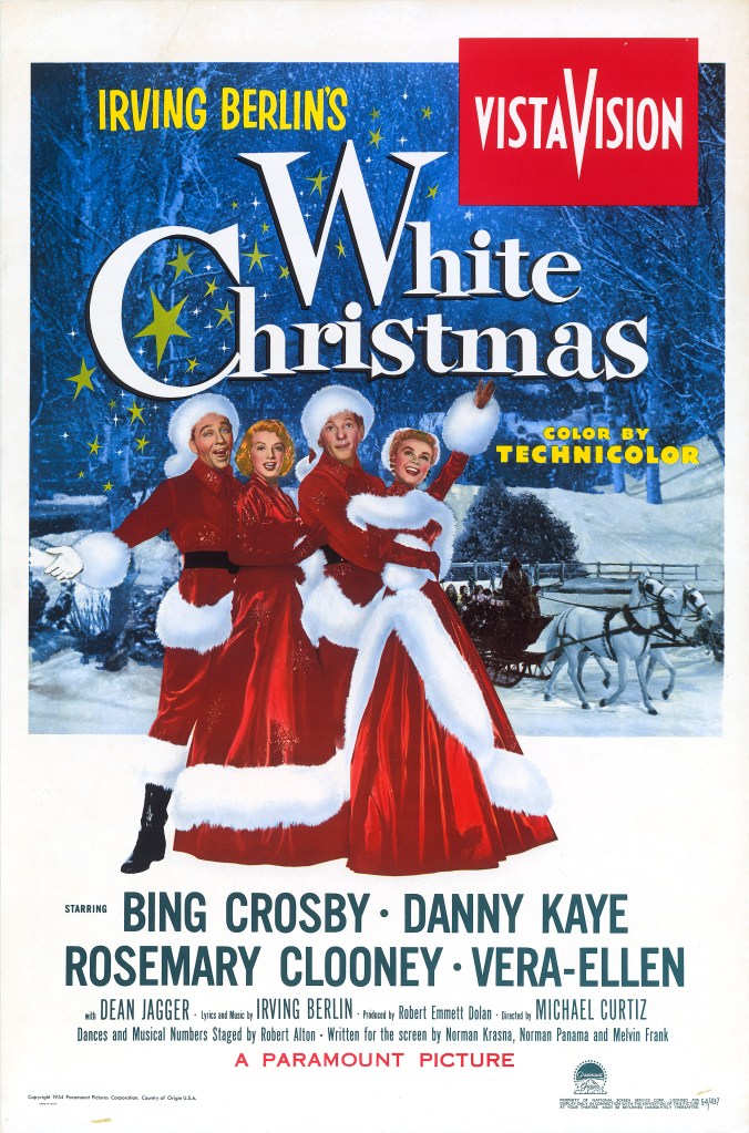 The poster for "White Christmas" announces boldly that it is in VistaVision with color by Technicolor. The background scene is a snowy wooded landscape, where two white horses pull a sleigh: in the foreground, painted versions of the four principal cast members, dressed in red and white Santa outfits, gesture towards the viewer invitingly.