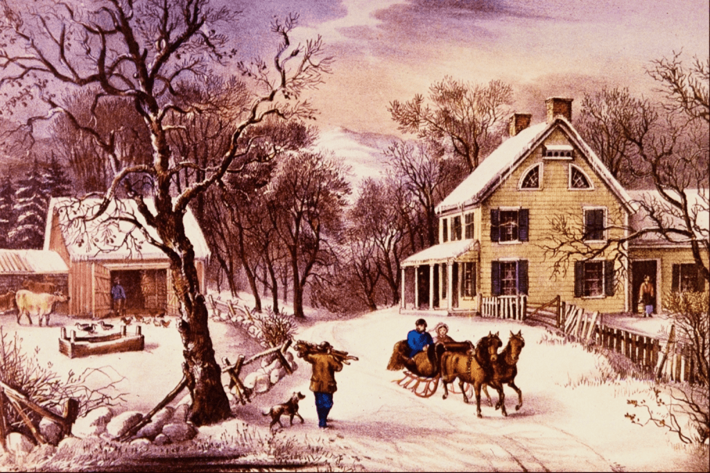 A Currier and Ives lithograph of an American homestead in winter. On the left, a farmer tends to various animals in a barn. In the center of the image, a man carrying wood, accompanied by his dog, walks near a passing two-horse sleigh occupied by a seated man and woman. On the right, someone is standing in the doorway of a two story yellow farmhouse. The whole scene is blanketed in snow, and the house and barn are surrounded on all sides by leafless trees.