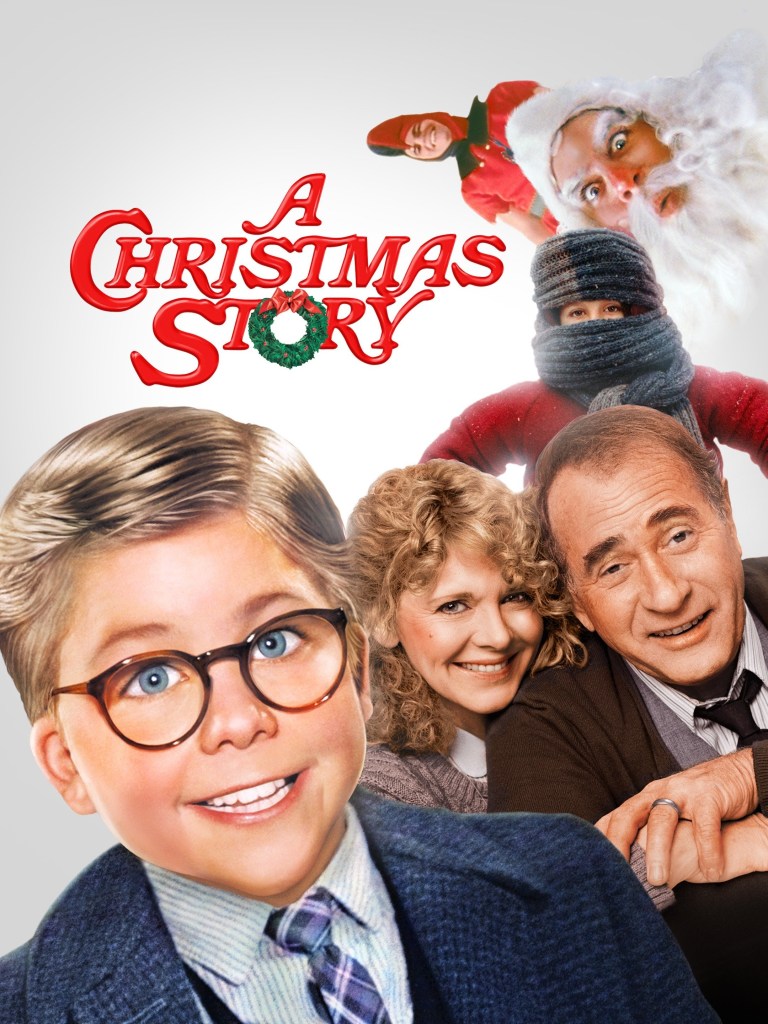 The DVD cover for A Christmas Story features the large, bespectacled, smiling face of Ralphie looking at the viewer in the lower left.  Extending up and to the right from Ralphie are his smiling parents, his brother Randy wrapped up like a tick about to pop, and above Randy, a wild-eyed Santa Claus and his dismissive helper elf.