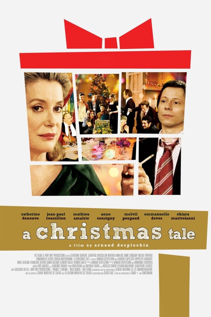 The poster for A Christmas Tale is a photograph of a large family gathering at the dinner table, with a Christmas tree in the background.  The image has been divided by thin white lines that holds characters apart from each other, and the image is topped with a red lid and bow that suggest this is a wrapped present.
