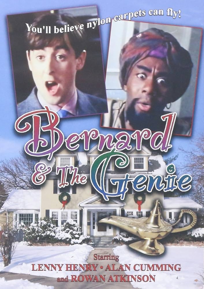 The DVD cover for Bernard and the Genie superimposes the title and a shiny golden oil lamp in front of a generic-looking, snow-covered suburban house that has nothing to do with the movie.  Above the title and house, images of Alan Cumming and Lenny Henry in his genie costume are making surprised faces, next to the tagline, "You'll believe nylon carpets can fly!"