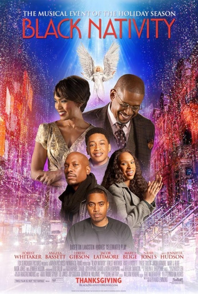 The poster for Black Nativity calls it "The Musical Event of the Holiday Season".  The six main cast members all appear, superimposed on each other, in a column in the center of the poster, flanked on either side by colorful, snowy New York City streets.  Above them, in a dark blue night sky, a light shines down on an angel with her wings outspread over them all.
