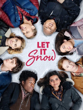 The promotional image for Let It Snow features the title hovering in the center of the image over a snowy background. Surrounding it, eight young people of diverse identities and orientations are lying down, some of them looking at each other and some of them looking directly at the camera / at us.