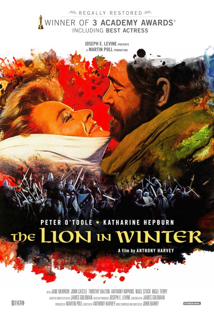 The poster for The Lion in Winter depicts Katharine Hepburn, clutched closely to himself by a bearded Peter O'Toole: she looks up at him beaming a smile that could be sweet delight or poisonous malice, while he narrows his eyes looking down at her, whether in love or in contempt.  Below them, we see the painted image of two medieval armies in pitched battle, and behind the couple and this battle, the poster is splotched abstractly with a red paint that suggests blood.